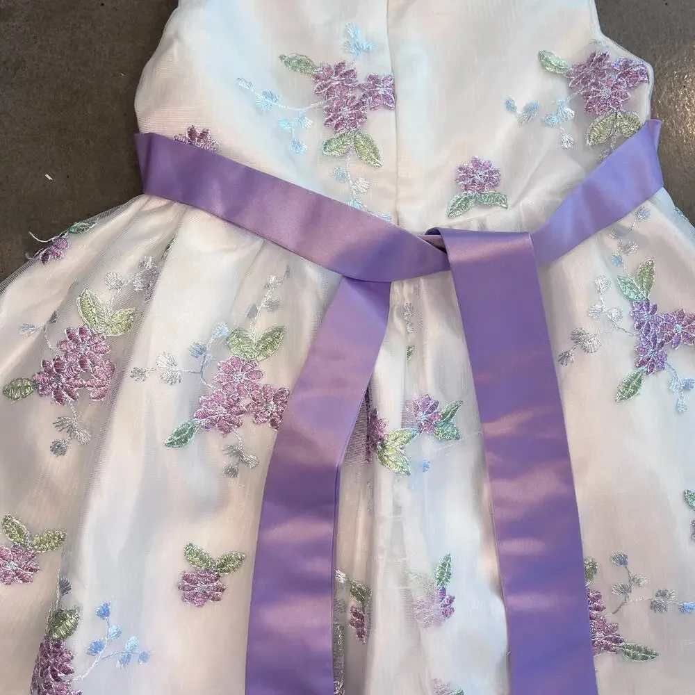 Girls floral Embroidered lavendar satin bow formal dress pearl collar Toddler 4T
